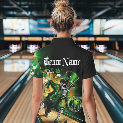 Custom Funny St Patricks Day Leprechaun Skull With Beer Bowling Team Polo Shirt Team Outfit IPHW8606