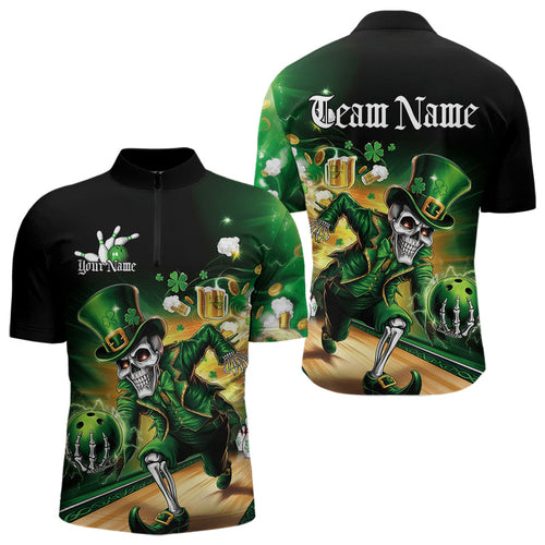 Custom Funny St Patricks Day Leprechaun Skull With Beer Bowling Team Quarter-Zip Shirts Team Outfit IPHW8606