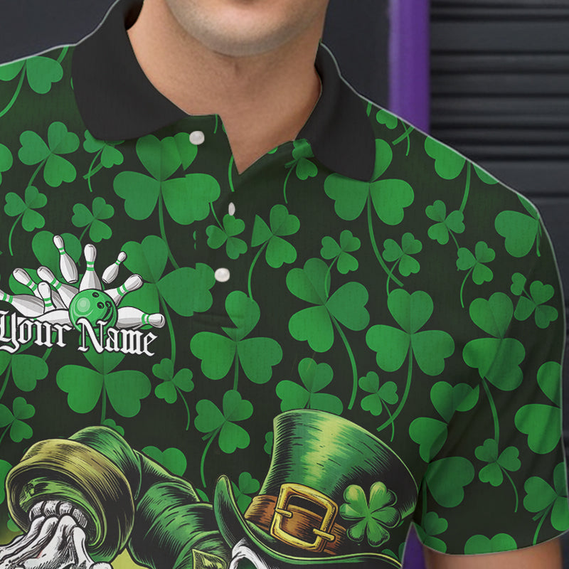Custom Funny Saint Patricks Day Skull And Beer Bowling Polo Shirt For Men, Lucky Team Shirt IPHW8607