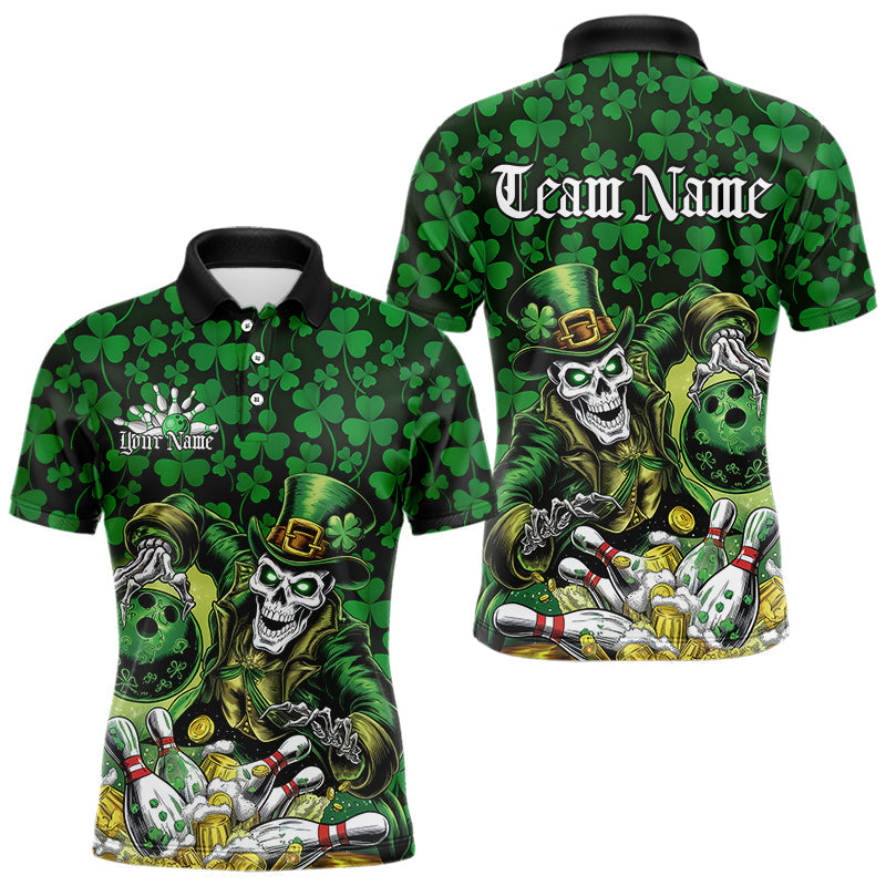 Custom Funny Saint Patricks Day Skull And Beer Bowling Polo Shirt For Men, Lucky Team Shirt IPHW8607