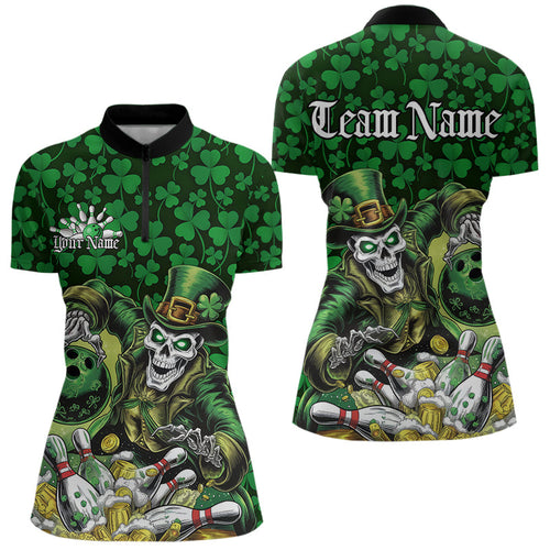Custom Funny Saint Patricks Day Skull And Beer Bowling Team Quarter-Zip Shirt For WomenIPHW8607