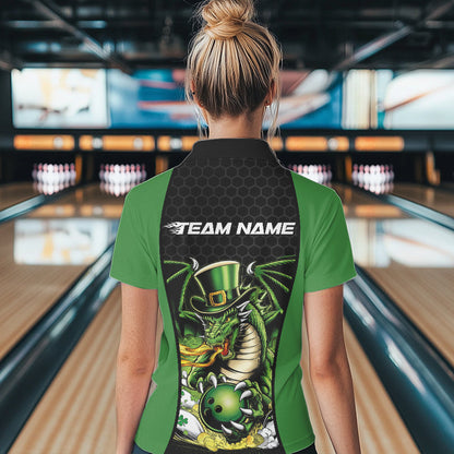 Custom Black And Green St Patricks Dragon Bowling Womens Polo Shirt, Lucky Dragon Bowling IPHW8608