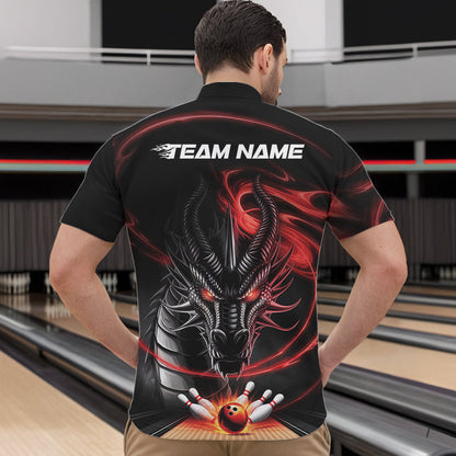Custom Black And Red Flame Dragon Bowling Team Men Quarter-Zip Shirts, Bowling League Shirt IPHW8911
