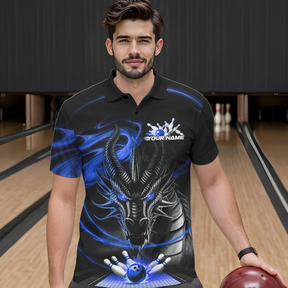 Custom Black And Blue Flame Dragon Bowling Team Men Polo Shirts, Bowling League Shirt IPHW8913