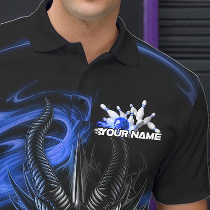 Custom Black And Blue Flame Dragon Bowling Team Men Polo Shirts, Bowling League Shirt IPHW8913