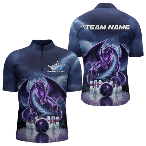 Custom Blue Thunder Lightning Purple Dragon Bowling Team Men Quarter-Zip Shirts, Bowlers Outfit IPHW8922