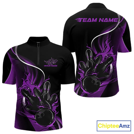 Mens quarter zip bowling shirt mockup, black and purple version showcasing flaming bowling ball striking pins bold design