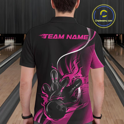 Male model seen from the back in a bowling lane wearing a black and pink polo shirt featuring a flame bowling ball striking pins in a dynamic motion design.