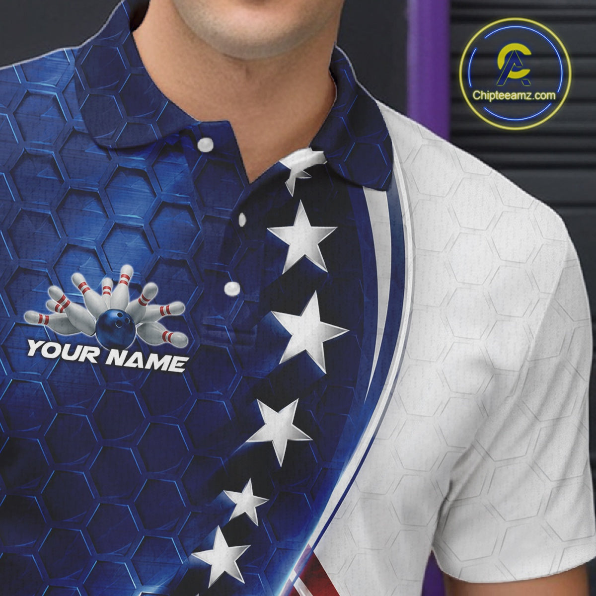 A close-up of a custom printed polo shirt worn by a model. The shirt features a split design: the left side is dark blue with a hexagonal pattern, a bowling pin graphic, and the text 'YOUR NAME', while the right side is white with a subtle hexagonal pattern and a diagonal row of white stars.
