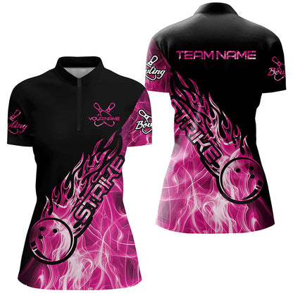 Custom Pink Flame Bowling Shirts For Women, Bowling Team Shirts Bowling Strike IPHW7156