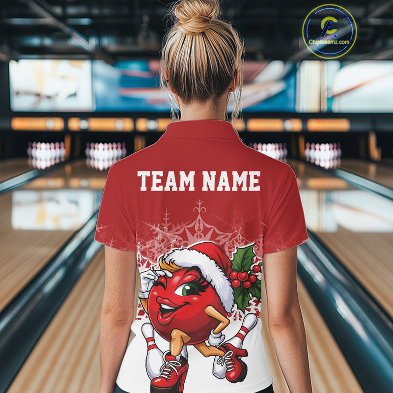 Custom Cute Funny Ladies Christmas Bowling Polo Shirts, Women Team Xmas Bowling Outfit IPHW10135