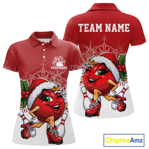 Custom Cute Funny Ladies Christmas Bowling Polo Shirts, Women Team Xmas Bowling Outfit IPHW10135