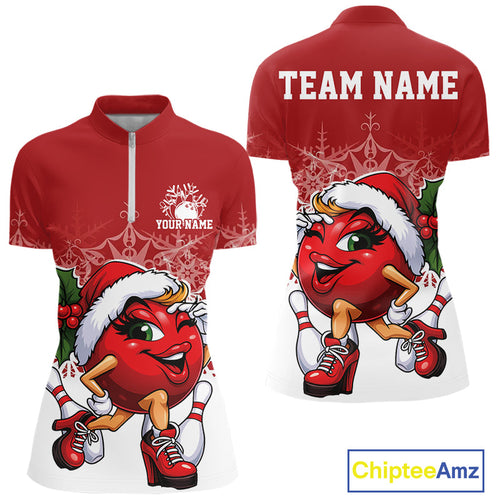 Custom Cute Funny Ladies Christmas Bowling Quarter-Zip Shirts, Women Team Xmas Outfit IPHW10135