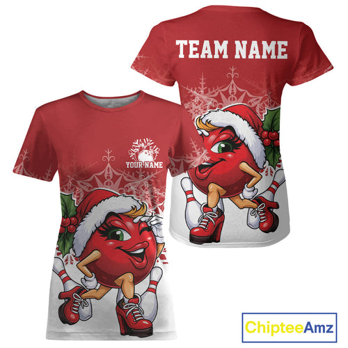 Custom Cute Funny Ladies Christmas Bowling T-Shirts, Women Team Xmas Bowling Outfit IPHW10135