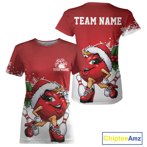 Custom Cute Funny Ladies Christmas Bowling T-Shirts, Women Team Xmas Bowling Outfit IPHW10136