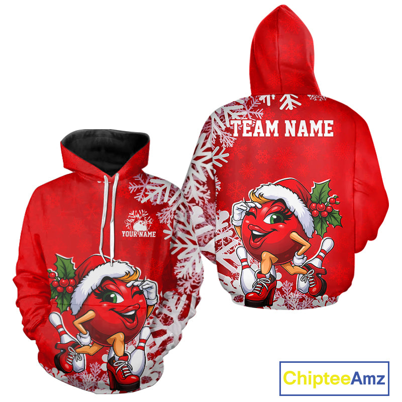 Custom Cute Funny Ladies Christmas Bowling Hoodie Shirts, Women Team Xmas Bowling Outfit IPHW10138