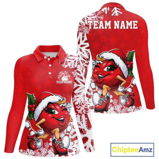 Custom Cute Funny Ladies Christmas Bowling Long Sleeve Polo Shirts, Women Team Xmas Outfit IPHW10138