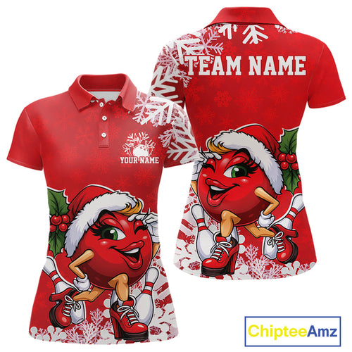 Custom Cute Funny Ladies Christmas Bowling Polo Shirts, Women Team Xmas Bowling Outfit IPHW10138
