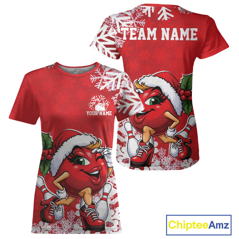 Custom Cute Funny Ladies Christmas Bowling T-Shirts, Women Team Xmas Bowling Outfit IPHW10138