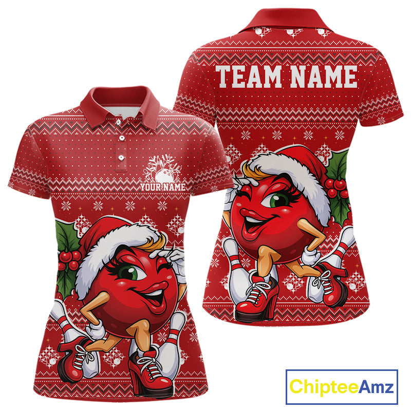 Custom Cute Funny Ladies Christmas Bowling Polo Shirts, Women Team Xmas Bowling Outfit IPHW10139