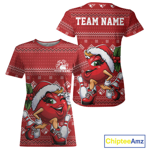 Custom Cute Funny Ladies Christmas Bowling T-Shirts, Women Team Xmas Bowling Outfit IPHW10139