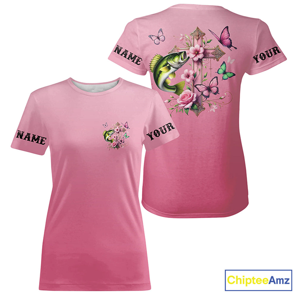 Pink Flower And Butterflies Custom Faith Largemouth Bass Fishing T-Shirts For Women IPHW8182