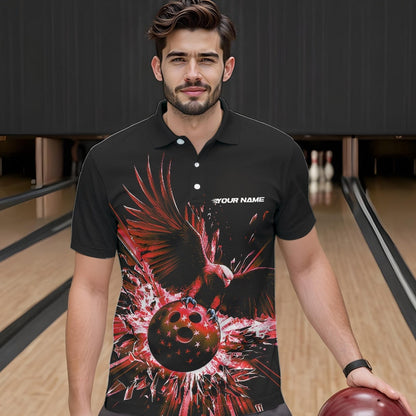Black And Red Eagle Break Glass Custom Bowling Polo Shirts For Men, Bowling Team Shirt IPHW8399