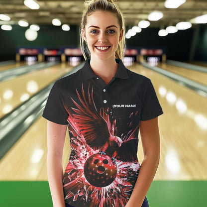 Black And Red Eagle Break Glass Custom Bowling Polo Shirts For Women, Bowling Team Shirt IPHW8399