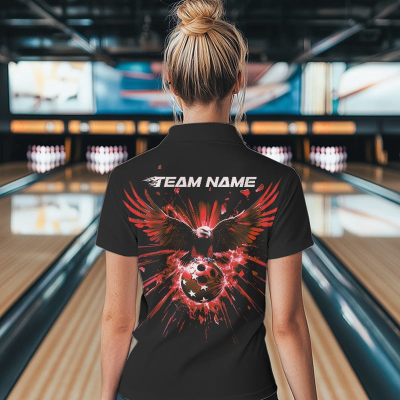 Black And Red Eagle Break Glass Custom Bowling Polo Shirts For Women, Bowling Team Shirt IPHW8399