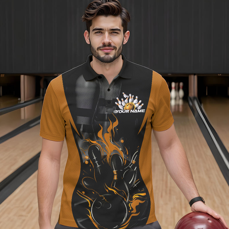 Custom Black And Yellow Flame Bowling Polo Shirts For Men, Fire Bowling League Shirt IPHW8621