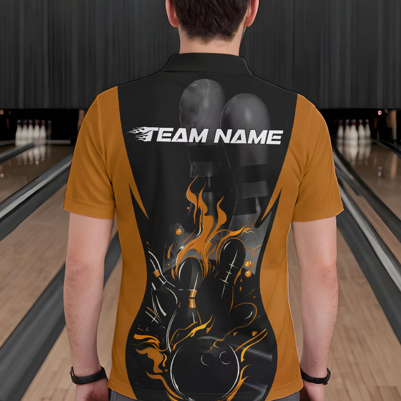 Custom Black And Yellow Flame Bowling Polo Shirts For Men, Fire Bowling League Shirt IPHW8621