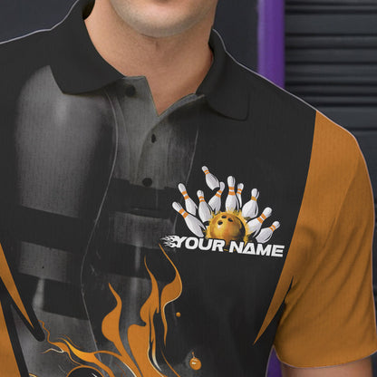 Custom Black And Yellow Flame Bowling Polo Shirts For Men, Fire Bowling League Shirt IPHW8621