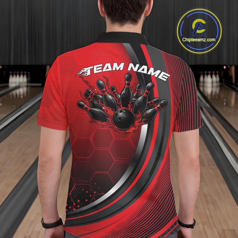 Back view of a male model in a bowling lane wearing a black and red polo shirt, showcasing honeycomb texture with a flaming bowling action illustration.