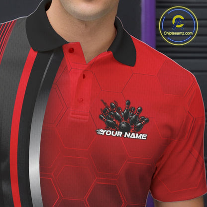 Close-up of the left chest area of a black and red bowling polo shirt, featuring honeycomb pattern and a flaming bowling strike design.