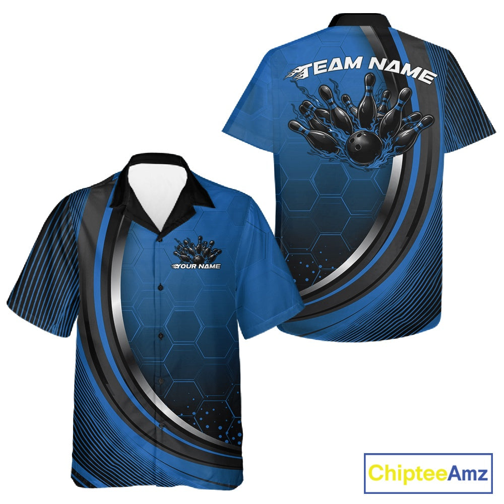 Front and back view of a button-up bowling shirt mockup in black and blue, featuring a honeycomb pattern with a flaming bowling ball and pins.