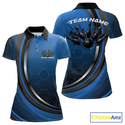 Front and back view of a womens bowling polo shirt mockup in black and blue, featuring a honeycomb pattern with a flaming bowling ball striking pins.