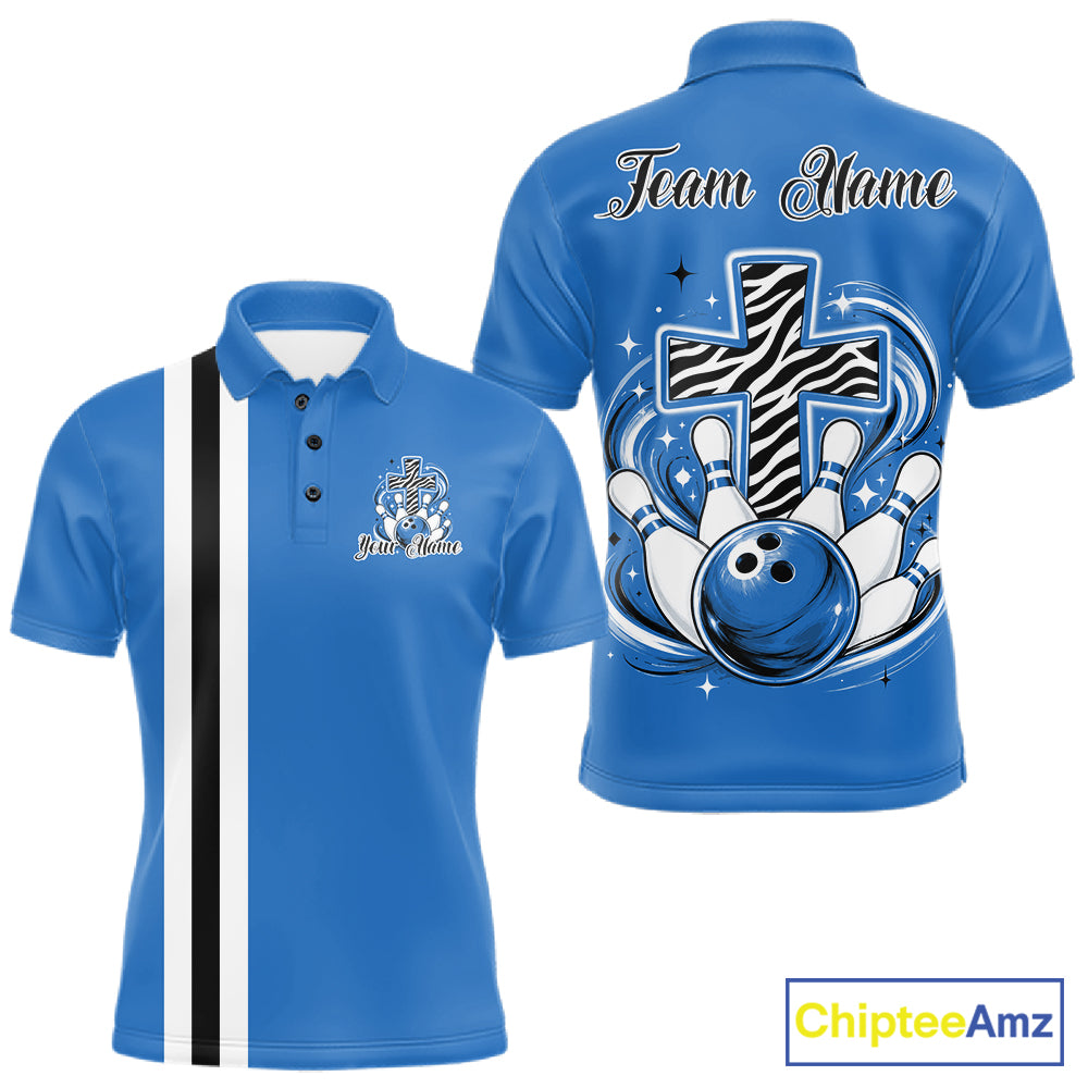 Personalized mid blue bowling shirt with vibrant zebra pattern and faith cross graphic for men women and kids