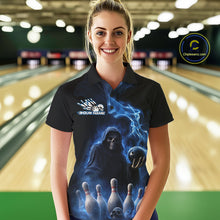 Load image into Gallery viewer, Custom Blue Flame Grim Reaper Bowling Women Polo Shirts, Skull Halloween Bowler Outfit IPHW9734