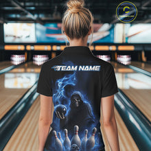Load image into Gallery viewer, Custom Blue Flame Grim Reaper Bowling Women Polo Shirts, Skull Halloween Bowler Outfit IPHW9734