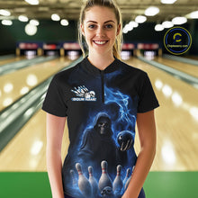 Load image into Gallery viewer, Custom Blue Flame Grim Reaper Bowling Women Quarter-Zip Shirts, Skull Halloween Outfit IPHW9734