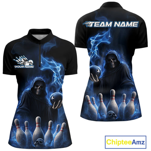 Custom Blue Flame Grim Reaper Bowling Women Quarter-Zip Shirts, Skull Halloween Outfit IPHW9734