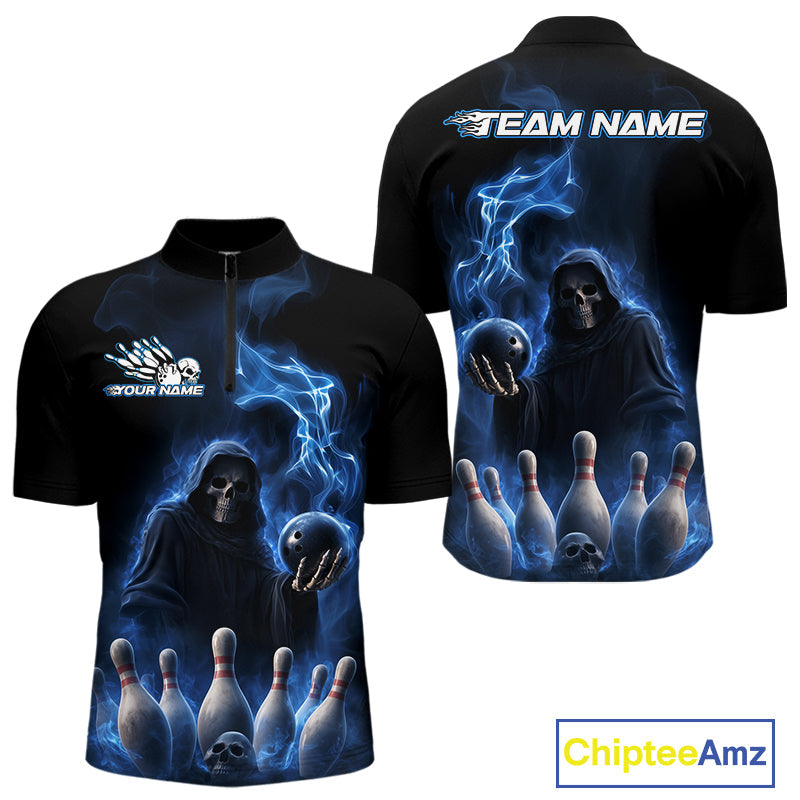 Custom Blue Flame Grim Reaper Bowling Men Quarter-Zip Shirts, Skull Halloween Bowler Outfit IPHW9734