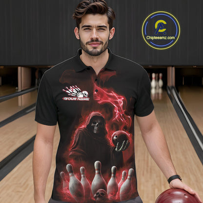 Custom Red Flame Grim Reaper Bowling Men Polo Shirts, Skull Halloween Bowler Outfit IPHW9735