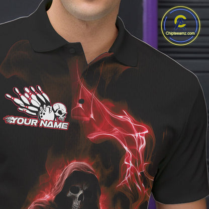 Custom Red Flame Grim Reaper Bowling Men Polo Shirts, Skull Halloween Bowler Outfit IPHW9735