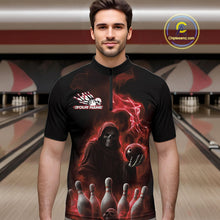 Load image into Gallery viewer, Custom Red Flame Grim Reaper Bowling Men Quarter-Zip Shirts, Skull Halloween Bowler Outfit IPHW9735