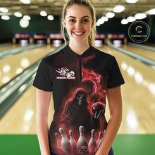 Load image into Gallery viewer, Custom Red Flame Grim Reaper Bowling Women Quarter-Zip Shirts, Skull Halloween Outfit IPHW9735