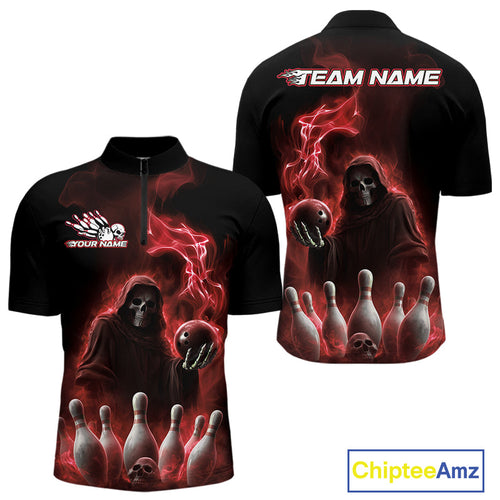 Custom Red Flame Grim Reaper Bowling Men Quarter-Zip Shirts, Skull Halloween Bowler Outfit IPHW9735