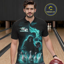 Load image into Gallery viewer, Custom Turquoise Blue Flame Grim Reaper Bowling Men Polo Shirts, Halloween Bowler Outfit IPHW9736