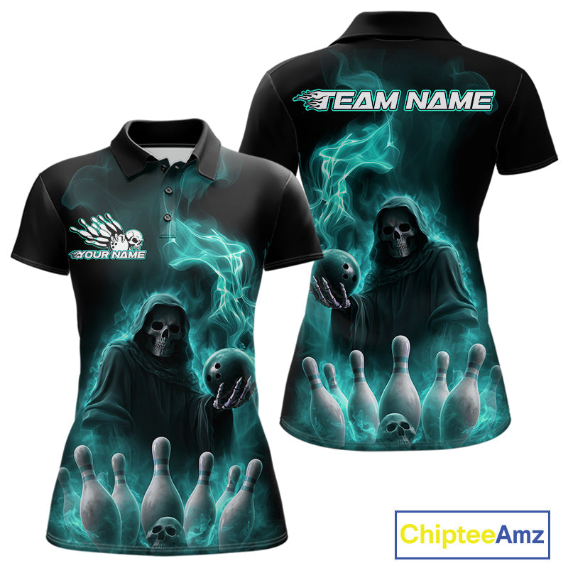 Custom Turquoise Blue Flame Grim Reaper Bowling Women Polo Shirt, Halloween Bowler Outfit IPHW9736