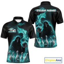 Load image into Gallery viewer, Custom Turquoise Blue Flame Grim Reaper Bowling Men Polo Shirts, Halloween Bowler Outfit IPHW9736